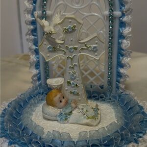 Charming Blue and White Baby Christening Cake Topper